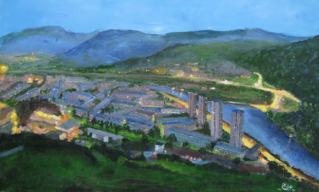 Bosnische stad in ochtendschemer,schilderij els keldermans