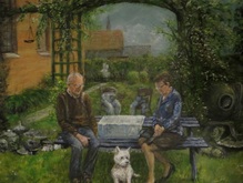 huiselijk tafereel met hond in de tuin, schilderij